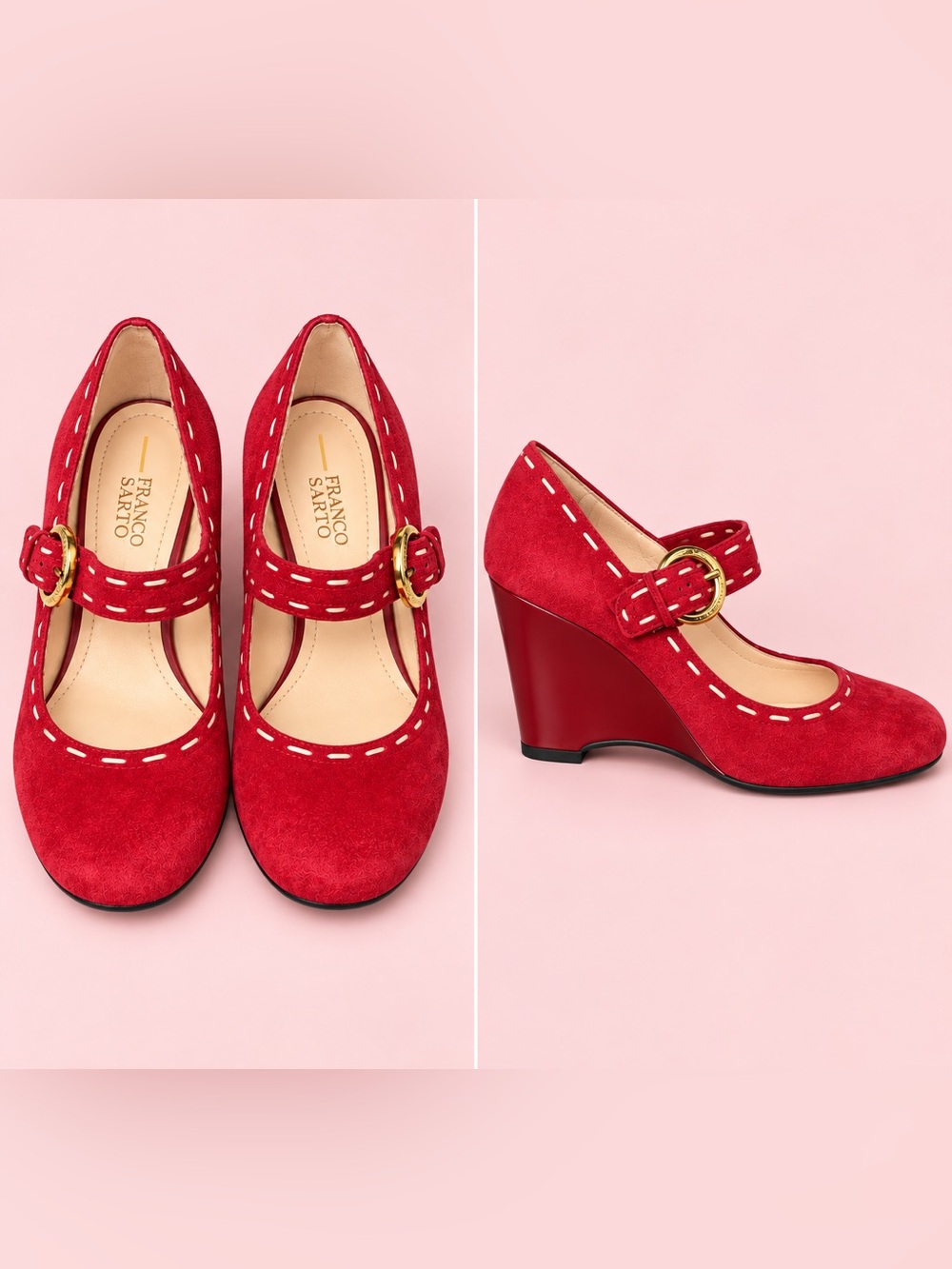 Franco Sarto Red Suede Mary Jane Wedge Heels Shoes 6.5M